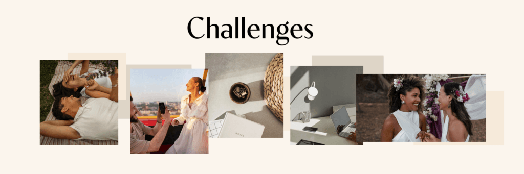 Challenges of online dating in Seattle. A collage of images of happy couples picnicking, traveling, and getting married.