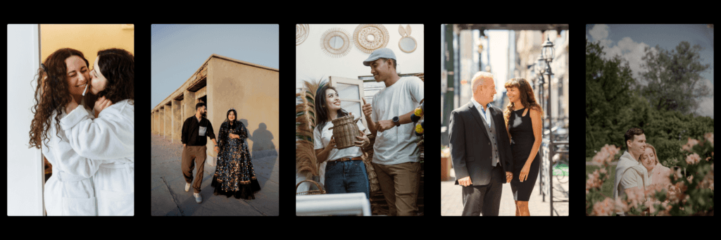 Group of different couples of various age, gender, and nationality who have found each other through dating apps in Chicago.