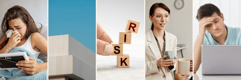 Other risks of Facebook dating. A collection of images showing people looking at their laptops feeling stressed.