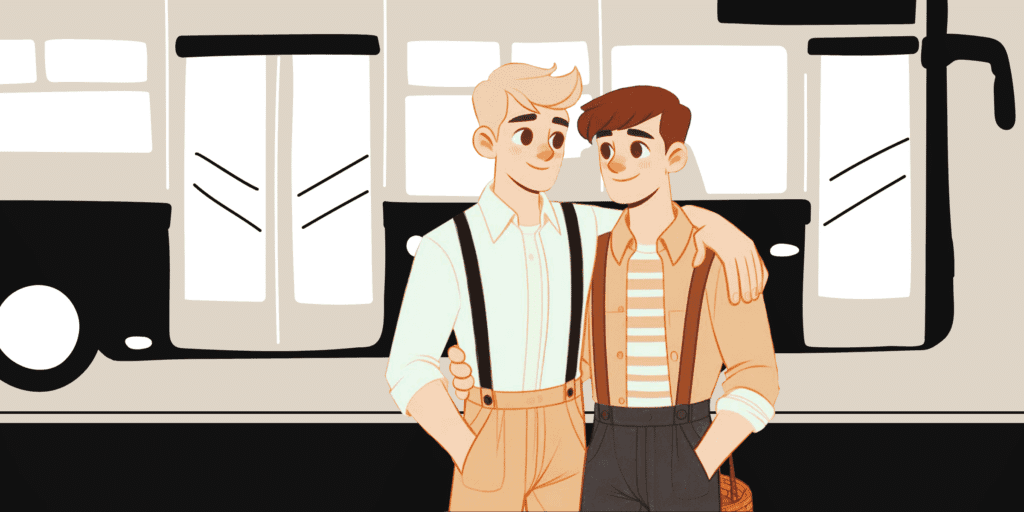 Qualities of a good man. An illustration of two men holding each other and smiling happily in front of a downtown commuter bus.
