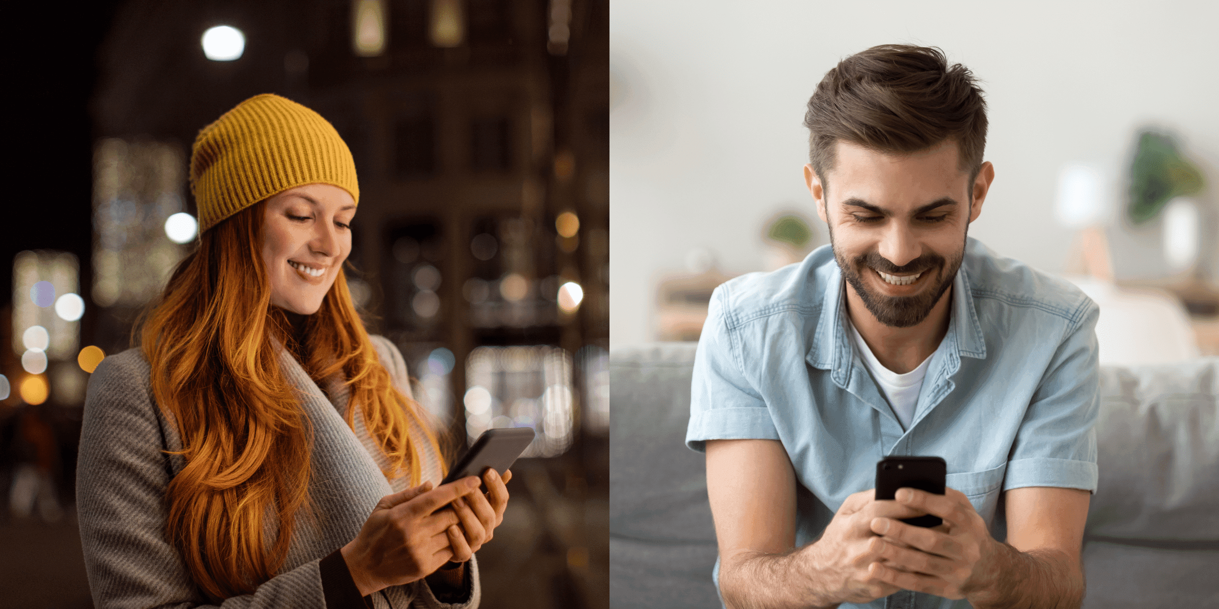 Features to look for in a single parent dating app. A red-headed female and brown-haired male smile at their phones as they've found Tawkify matchmaking service.