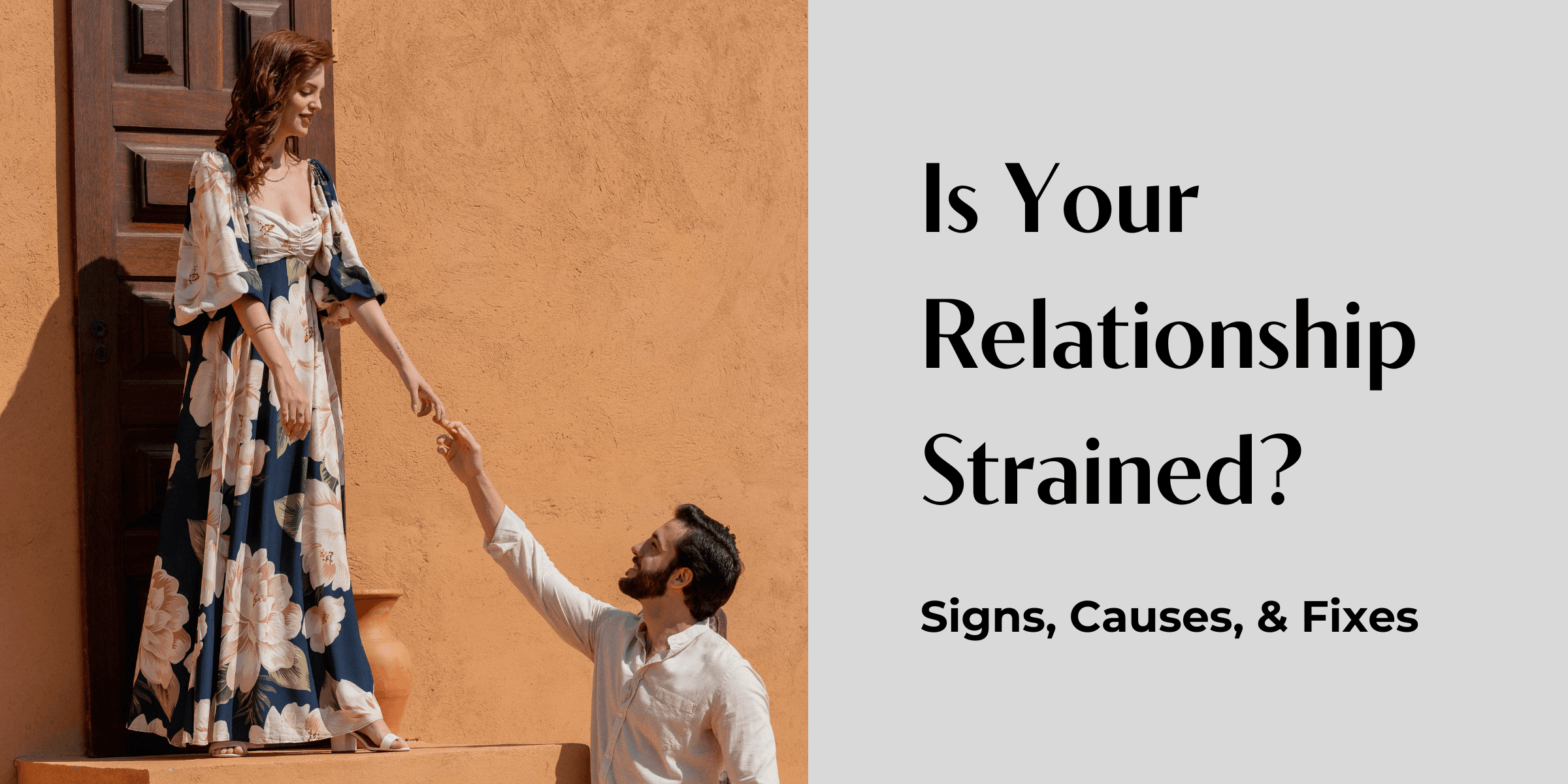 Is your relationship strained? Learn the signs, causes, and fixes. A woman in a floral dress stands far above a bearded man who reaches up toward her with his hand.